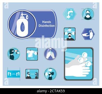 Neues normales detailliertes Stil Bündel von Icons Design von Covid 19 Virus Thema Vektor Illustration Stock Vektor