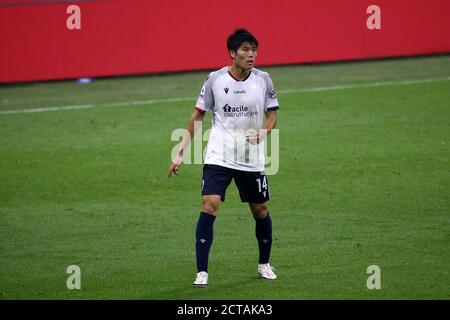 Mailand, Italien. September 2020. Italienische Serie A. Takehiro Tomiyasu von Bologna FC in Aktion während der Serie EIN Spiel zwischen AC Mailand und Bologna FC. AC Mailand gewinnt 2-0 gegen den FC Bologna. Stockfoto