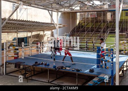 4. September 2019: Boxertraining in einer Boxschule mit Ring in Alt-Havanna. Havanna Kuba Stockfoto