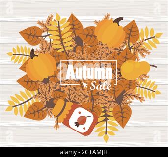 Herbstverkauf Saisonplakat mit Gewürzen und Blättern in Holz Hintergrund Vektor Illustration Design Stock Vektor