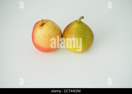 Obst. Zwei Birnen Nahaufnahme auf weißem Hintergrund. Stockfoto