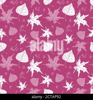 Herbst Wald fallen Blätter Konzept nahtlose Muster. Handgezeichnetes grafisches weißes Silhouetten-Design. Isolierte Blätter von Espe, Ahorn, Beeren. Stock Vektor