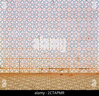 Peranakan Fliesenmosaik, wie sie typisch auf traditionellen chinesischen Ladenhäusern zu finden ist, mit einem blauen geometrischen Blumenmuster auf weißem Hintergrund. Stockfoto