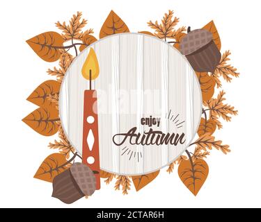 Genießen Sie Herbstschrift mit Nüssen und Kerze im Holzhintergrund vektorgrafik Design Stock Vektor