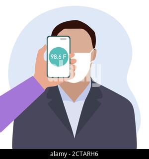 Vektor-Illustration Telefon auf der Stirn der Person platziert fernab misst Temperatur. Neue Technologie. Neue normale. Messung der menschlichen Körpertemperatur Stock Vektor