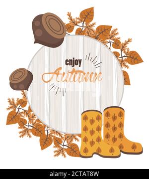 Genießen Sie Herbstschrift mit Nüssen und Stiefeln im Holzhintergrund vektorgrafik Design Stock Vektor