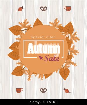 Herbst Verkauf Saison Poster mit Blättern in Holz Hintergrund Vektor Illustrationsdesign Stock Vektor