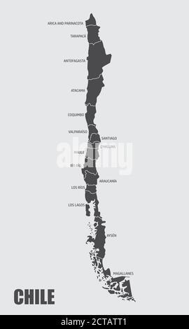 Die Chile-Karte ist in Regionen mit Beschriftungen unterteilt Stock Vektor