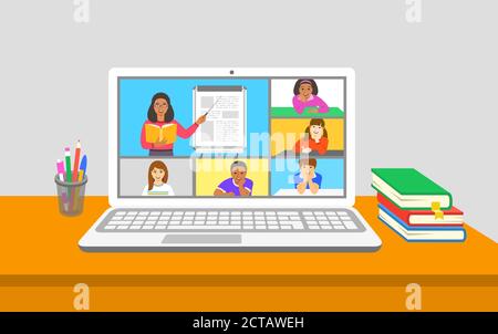 Online-Bildung virtuelle Klasse Telekonferenz. Kinder bleiben zu Hause und beobachten die Lehrerin mit Buchpunkten auf dem Flipchart. Fernunterricht während der coronavir Stock Vektor