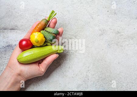 Mini Gemüse in der Hand. Mini Zucchini, Tomaten, Gurken, Kürbis und Karotten auf grauem Hintergrund. Stockfoto