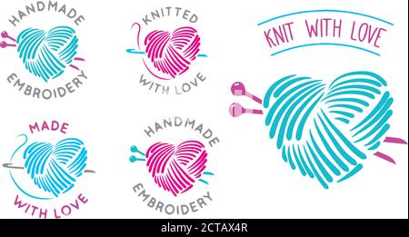 Vektor-Set von Logo-Design-Vorlagen in gemacht und gestrickt mit Liebe, einfache lineare Stil - handgemachte Mode und Kunsthandwerk Abzeichen - Embleme handgemachte Sticken Stock Vektor