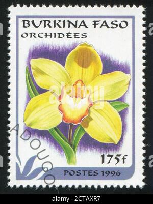 BURKINA FASO - UM 1996: Briefmarke gedruckt von Burkina Faso, zeigt Orchidee, um 1996. Stockfoto