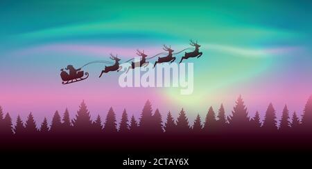 weihnachtsbanner weihnachtsmann im Schlitten mit Rentier auf Polarlicht Hintergrund Vektor Illustration EPS10 Stock Vektor