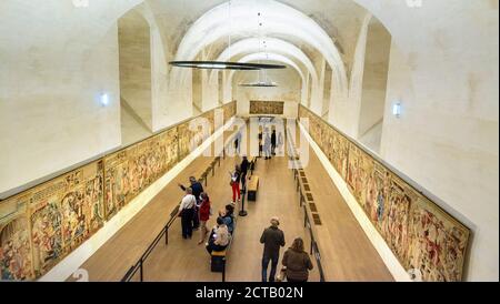 Flämische Wandteppiche in der Abtei Saint Robert, La Chaise Dieu, Departement Haute Loire, Auvergne-Rhone-Alpes, Frankreich Stockfoto