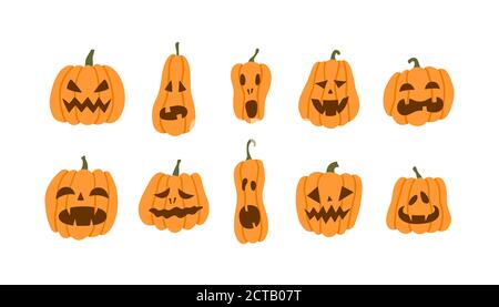 Set von halloween Kürbisse schreckliches Lächeln. Vektorgrafik im flachen Stil Stock Vektor