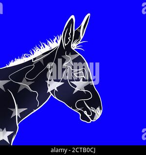 Gezeichneter Esel auf blauem Hintergrund. Wahlen 2020. Demokratische Partei. Stockfoto