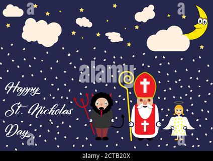 Niedliche Cartoon Grußkarte mit St. Nikolaus, Engel und Teufel Charakter. Stock Vektor