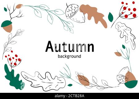 Rahmen von Herbst handgezeichneten Bildern. Schwarze Silhoutten auf weißem Hintergrund. Isolierte Blätter von Eichel, Zweige, Eichenblätter, Beeren im skandinavischen Stil Stock Vektor
