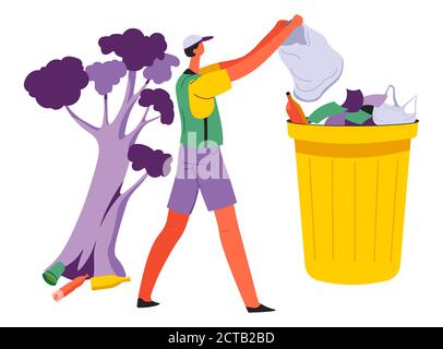 Ehrenamtlicher Mann sammelt Müll im Park oder Wald Stock Vektor