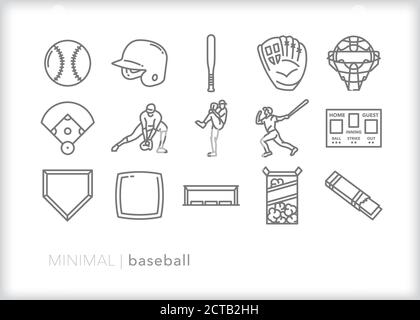 Set von Baseball-Spiel Linie Symbole einschließlich Sportausrüstung, Spieler Positionen und Fan Erfrischungen Stock Vektor