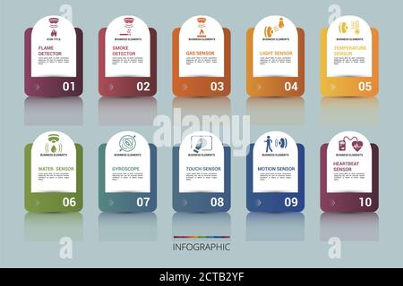 Infografik Sensorvorlage. Symbole in verschiedenen Farben. Einschließlich Wasserqualitätssensor, Flammenmelder, Rauchmelder, Alkoholsensor und andere. Stock Vektor