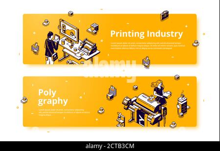 Polygrafie, Druckerei Industrie isometrischen Web-Banner. Designer arbeiten mit Druckern und Computer-Software, Druckmaschinen Business-Ausrüstung und Verbrauchsmaterialien im Büro, 3d-Vektor-Kopf-oder Fußzeile für Website Stock Vektor