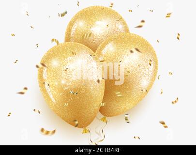 Festliche Goldballons mit Glitzer und Pailletten, Band und Konfetti. Layout für Geburtstag, weihnachten, Jubiläum, Verkauf. Isoliert auf weißem Hintergrund Stock Vektor