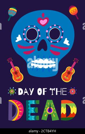 Mexikanisches Dead Day Dia de Los Muertos Poster. Mexiko National Ritual Festival vertikale Grußkarte mit handgezeichneten Dekoration Schriftzug und Zucker Schädel Skelett auf dunklem Hintergrund. Vektorgrafik Stock Vektor
