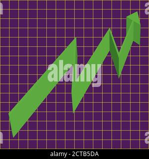 Ein abstrakter, grüner Aufwärtstrendpfeil in 3d gegen eine violette Grafik. Stockfoto