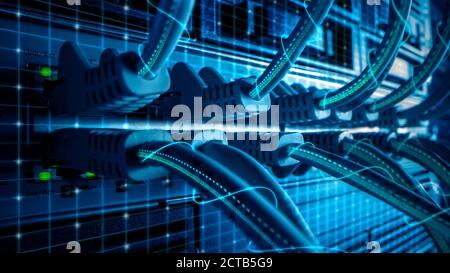 Makroaufnahme mit Augmented Reality: Ethernet-Kabel, die mit virtuellen Graphichs an Router-Ports angeschlossen sind, zeigen die Datenübertragung an. Telekommunikation: RJ45 in Stockfoto