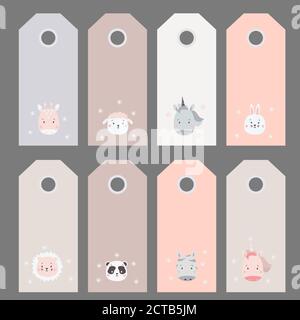 Geschenkanhänger. Set von niedlichen Tierporträts - Zebra, Einhorn und Hase, Löwe und Panda, Giraffe und Schafe. Vektorgrafik. Skandinavischer Stil. Für die Stock Vektor