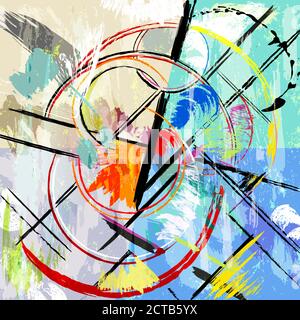 Abstrakte Hintergrunddarstellung, mit Malstrichen, Spritzern, Kreisen und geometrischen Linien, grungy Stock Vektor