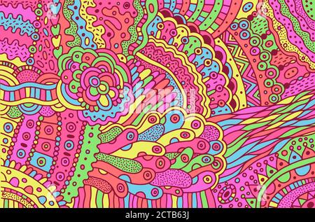 Bunte tripy psychedelisch surreal Doodle Muster. Hintergrund mit abstrakten floralen Motiven. Lebendige Boho-Textur. Zentangle-Muster. Vektor Stock Vektor