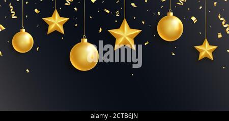 Weihnachtsbanner mit goldenen Kugeln, Sternen und fallenden Konfetti. Luxuriöse Hängekugeln mit Band. Gold Glas Weihnachten Spielzeug. Helle Feiertagsdekoration Stock Vektor
