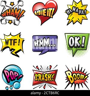 Pop Art Blasen detaillierte Stil Symbol Set Design von Retro Ausdruck Comic Thema Vektor Illustration Stock Vektor