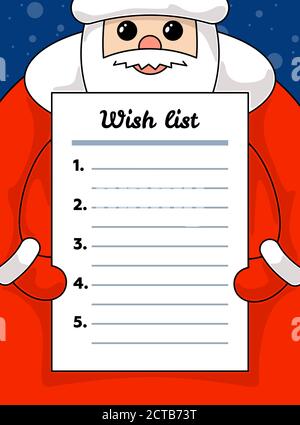 Cute Cartoon kawaii Santa Claus hält Wunschliste leeres Papier. Frohe Weihnachten und ein glückliches neues Jahr Urlaub Brief Vektor-Illustration leeren Formular-Blatt Wunschliste Stock Vektor