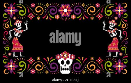 Tag der Toten mexikanischen halloween Zierrahmen mit Skeletten Catrina Calavera. Dia de Muertos Poster mit Zuckerschädel. Vektorgrafiken. Stock Vektor