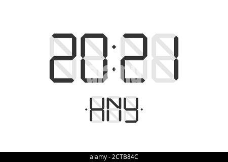 Frohe Weihnachten Weihnachtskarte mit digitaler lcd-Anzeige Uhr Nummer 2021 und HNY schwarzen Buchstaben auf weißem Hintergrund. Frohe Weihnachten Feier Gruß Kalender Vektor Illustration Stock Vektor