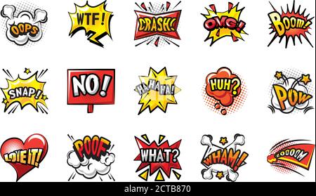 Pop Art Blasen detaillierte Stil Satz von Symbolen Design von Retro Ausdruck Comic Thema Vektor Illustration Stock Vektor