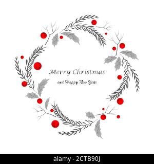 Fröhlicher Weihnachtskranz mit saisonalen Zweigen, Blättern und Beeren, Grußkartenvorlage mit Textmuster im modernen Stil Stock Vektor