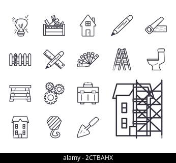 Linie Stil Sammlung von Symbolen Design der Konstruktion Arbeiten Wartung Workshop Reparatur Fortschritt Arbeit und industrielle Thema Vektor-Illustration Stock Vektor