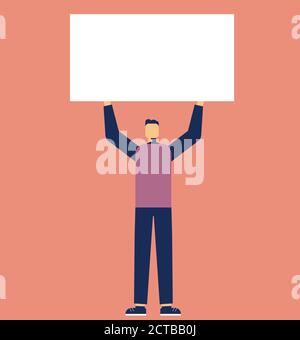 Lässig gekleideter Mann hält ein leeres weißes Brett für Text, Illustration. Flache Abbildung. Isoliert auf einem sauberen Hintergrund. Stockfoto