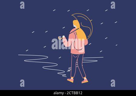 Junge weibliche Figur, die im Regen mit Regenschirm vor zwei Wegen läuft. Entscheidungskonzept. Flache Form moderne Illustration. Stockfoto