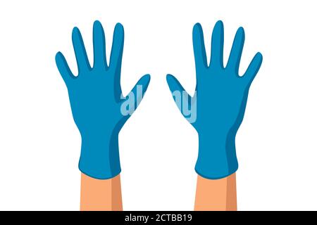 Zwei offene, erhöhte Hände mit Schutzhandschuhen. Ausschnitt auf weißem Hintergrund flaches Design. Stockfoto