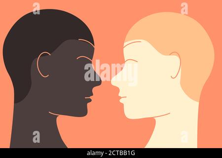 Rassengleichheitskonzept Illustration. Eine afroamerikanische Ethnie Person suchen und lächeln zu einer weißen kaukasischen Ethnie Person. Flaches Design. Stockfoto