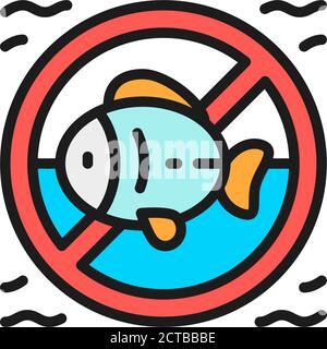 Verbotenes Schild mit Fisch, Meeresfrüchte Allergie flache Farbe Linie Symbol. Stock Vektor