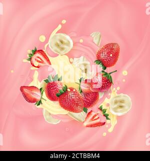 Bananenscheiben und Erdbeeren in rosa und gelbem Joghurt. Stock Vektor