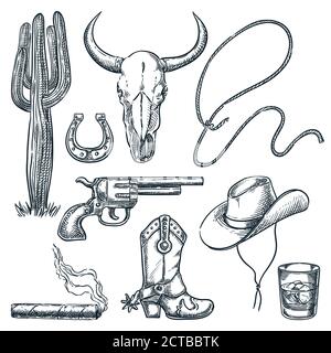 Wild West vintage Symbole isoliert auf weißem Hintergrund. Vektor handgezeichnete Skizzendarstellung. Cowboy Hut und Sporn Stiefel, Kuh Schädel und Pistole Retro-Ikone Stock Vektor