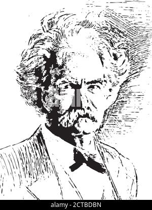 Vektorportrait von Mark Twain Samuel Langhorne Clemens (1835 – 1910), bekannt unter seinem Künstlernamen Mark Twain, war ein amerikanischer Schriftsteller, Humorist, Unternehmer Stock Vektor