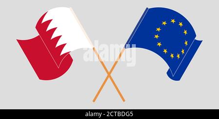 Gekreuzte und winkende Flaggen von Bahrain und der EU. Vektorgrafik Stock Vektor